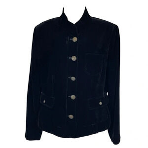 Ann Klein Velvet Black Blazer Mock Neck Button Pockets Slits Sz 12 whimsigoth